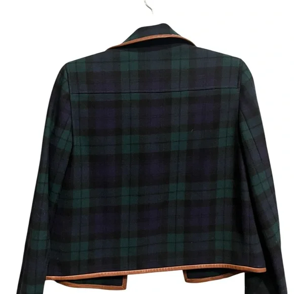 Ralph Lauren Women's Navy Blue, Green Plaid Jacket with brown leather trim acc